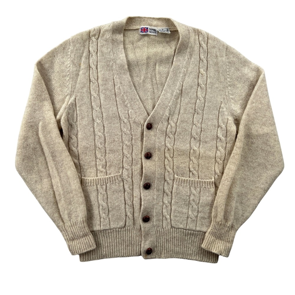 VTG 80s Royal Scott Shetland Wool Cable Knit Cardigan Men M Cream Grandpa Grunge